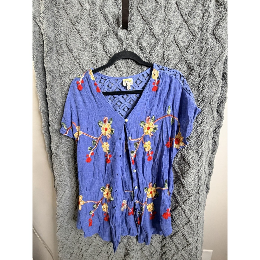 Fig and Flower Blue Embroidered Boho Button Front Blouse Crochet Lace Top Size M